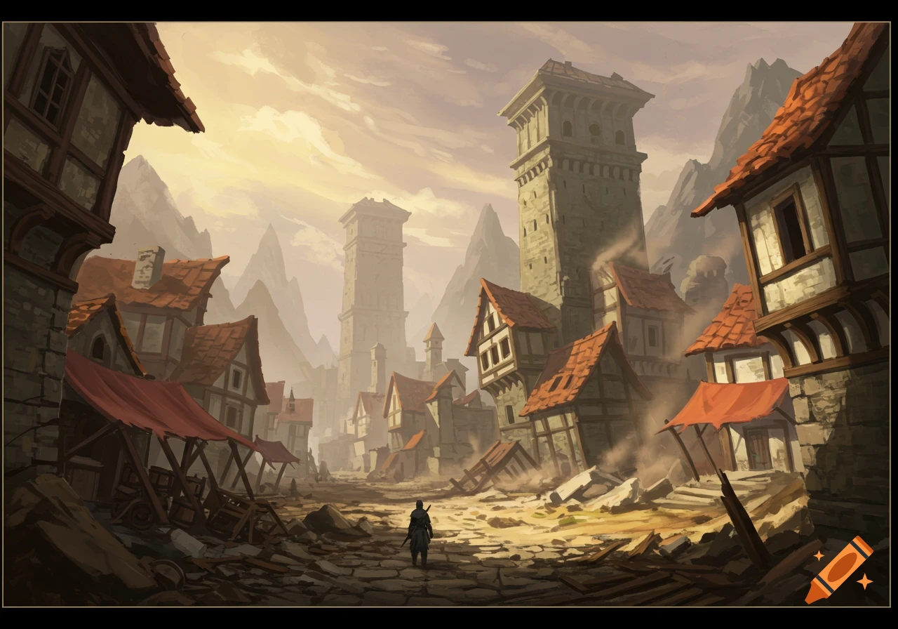 A lone figure stands in a ruined fantasy village with towers and mountains under a hazy sky.