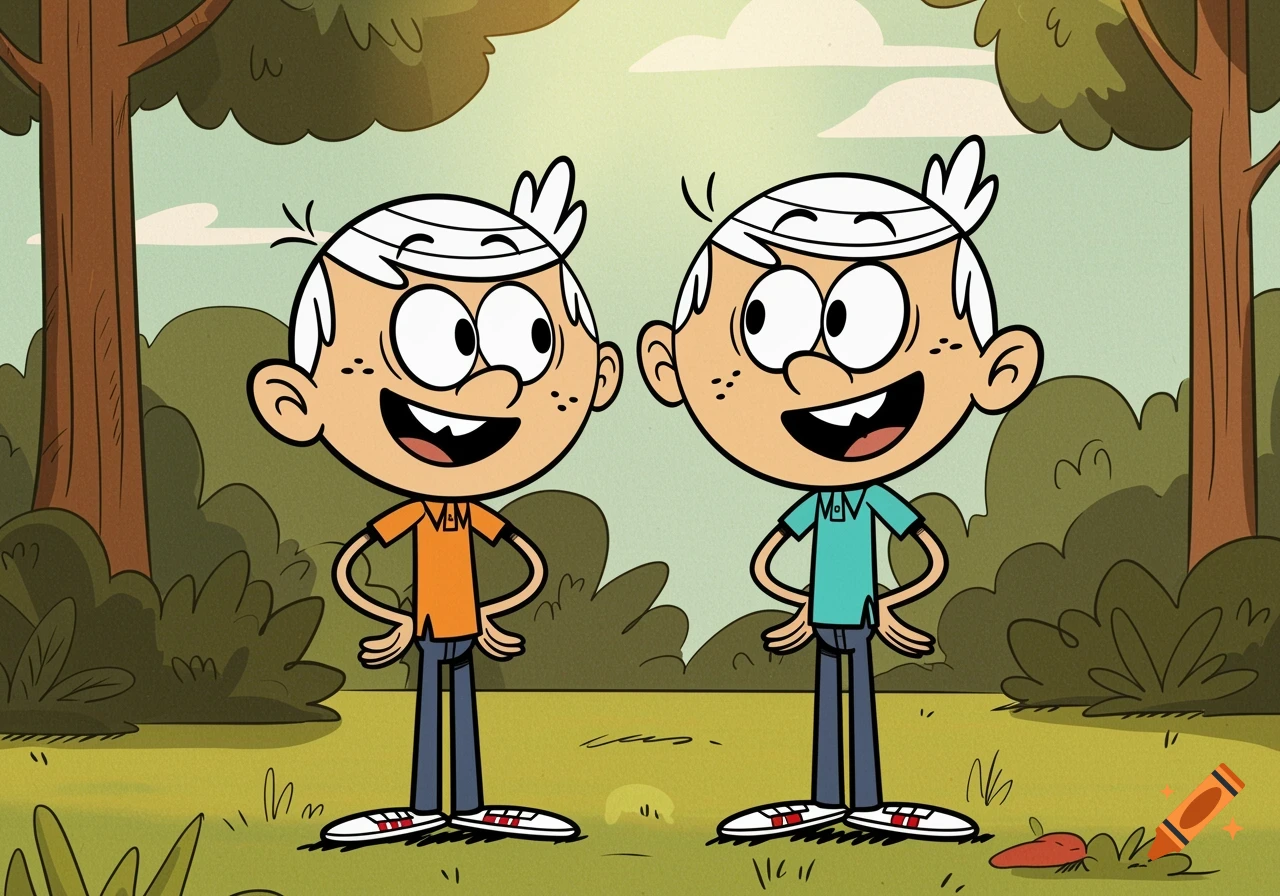 Two cartoon boys resembling Lincoln Loud from The Loud House stand in a park.