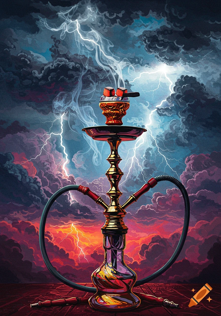 A golden hookah stands in the foreground against a dramatic stormy sky with lightning and dark clouds.