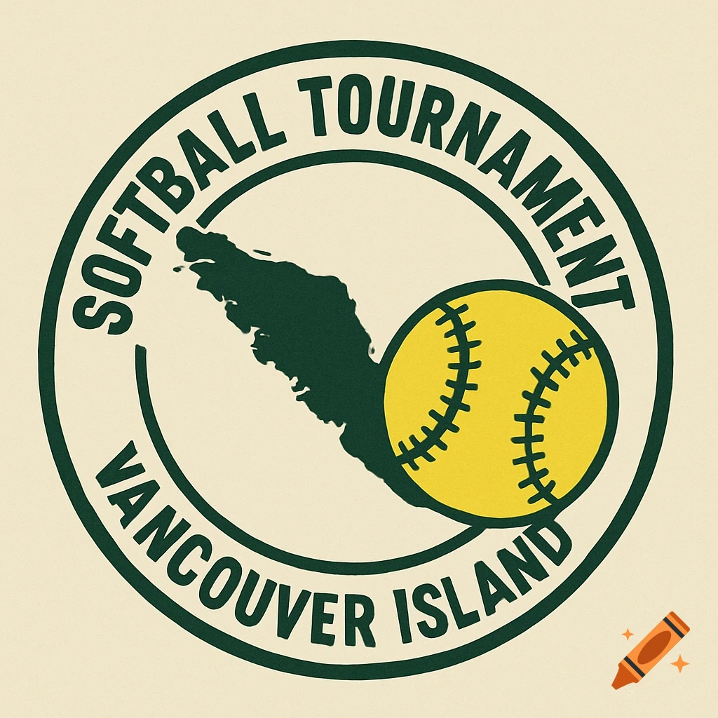 Logo for a softball tournament on Vancouver Island, featuring map outline and softball.