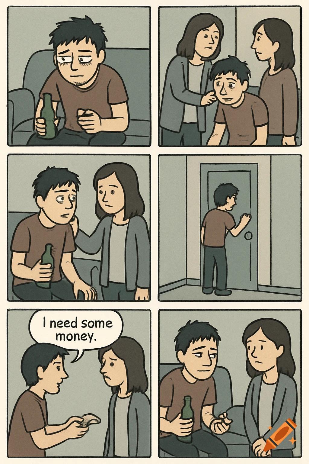 A multi-panel comic strip shows a man with a bottle, interacting with others. In one panel, a speech bubble says 'I need some money'. Drawn in a simple cartoon style.