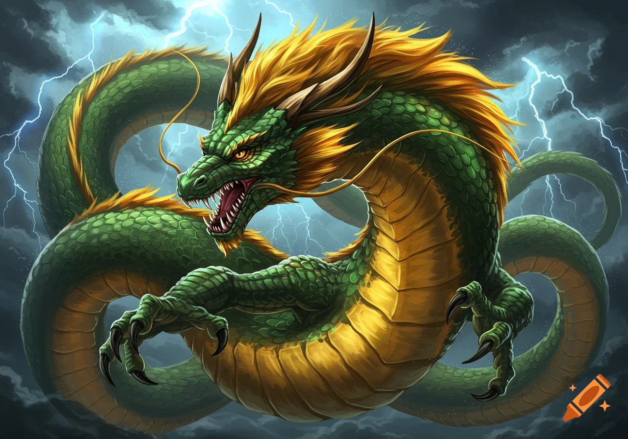 A vibrant green and gold oriental dragon coils in a stormy sky with flashes of lightning.