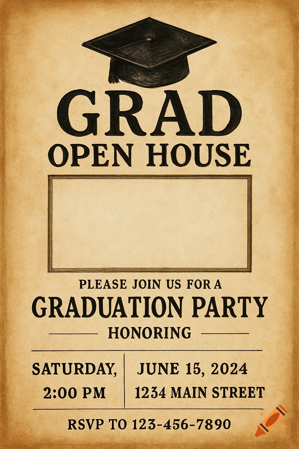 Vintage graduation open house invitation with text and graduation cap graphic on aged paper background.