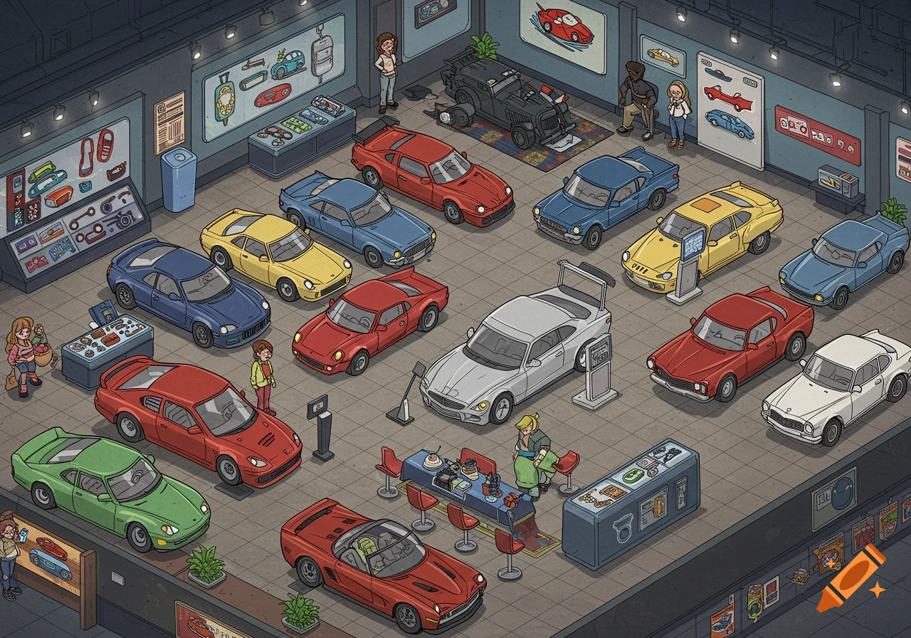 Isometric stylized illustration of a luxury car showroom filled with vintage and modern cars.