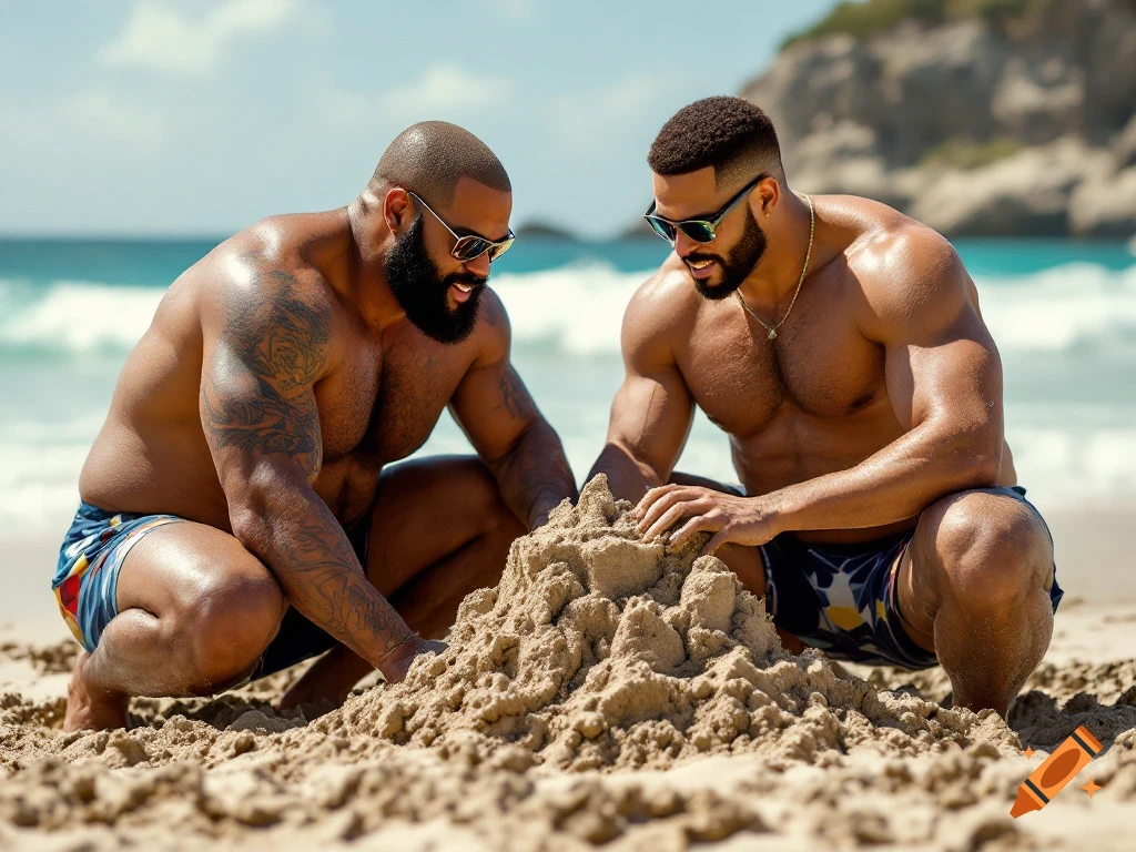 Two muscular men build a sandcastle on a sunny beach