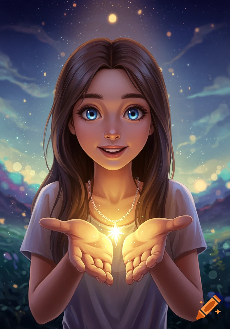 A young girl holds a glowing star in her hands under a starry night sky.