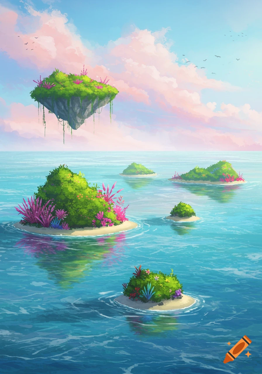 Illustration of floating islands and small islands in a blue ocean under a pink and blue sky.