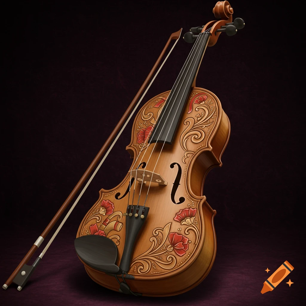 A wooden violin decorated with red and gold floral and swirl symbols.