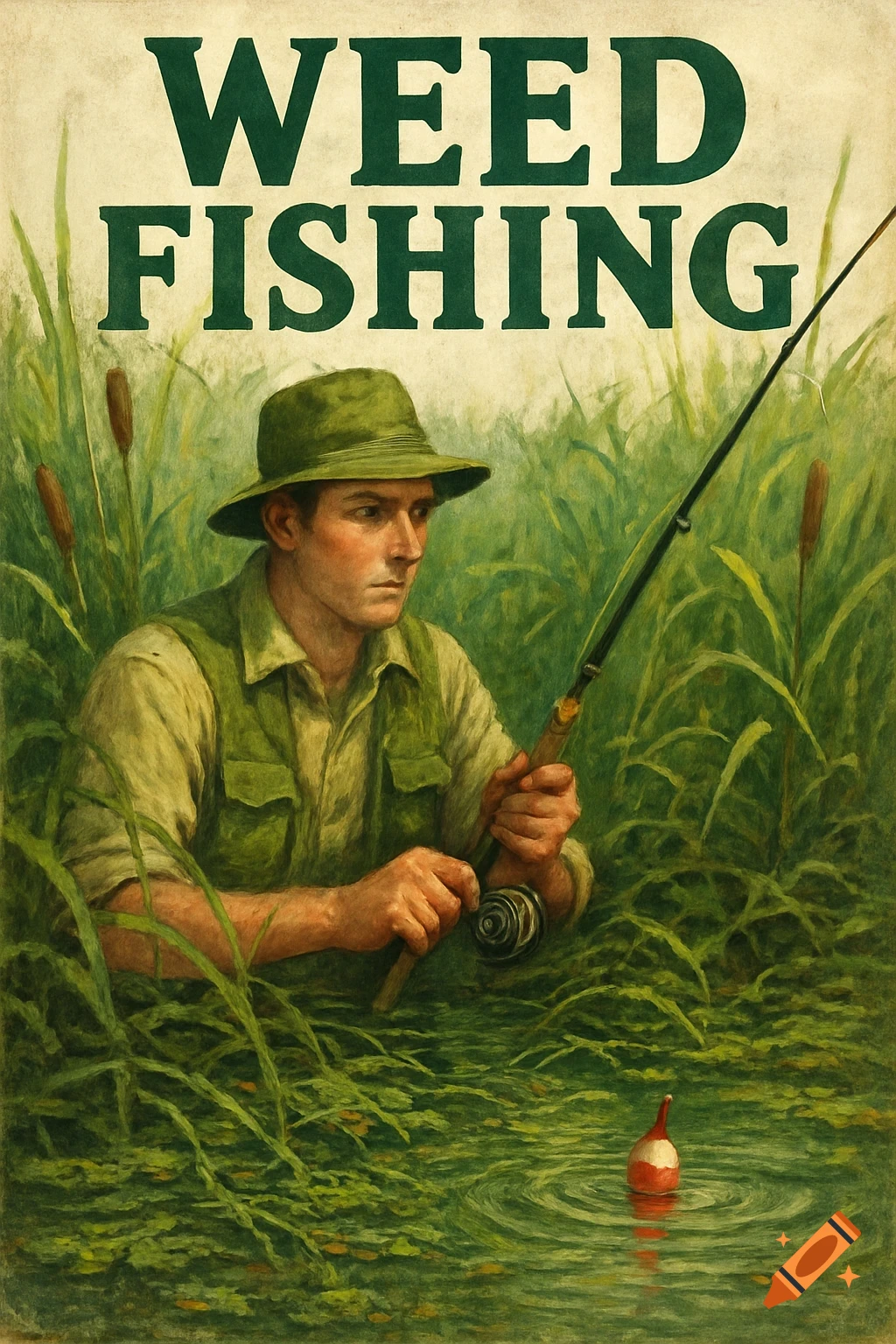 Illustration of a man fishing in tall grass with the title 'WEED FISHING' above.