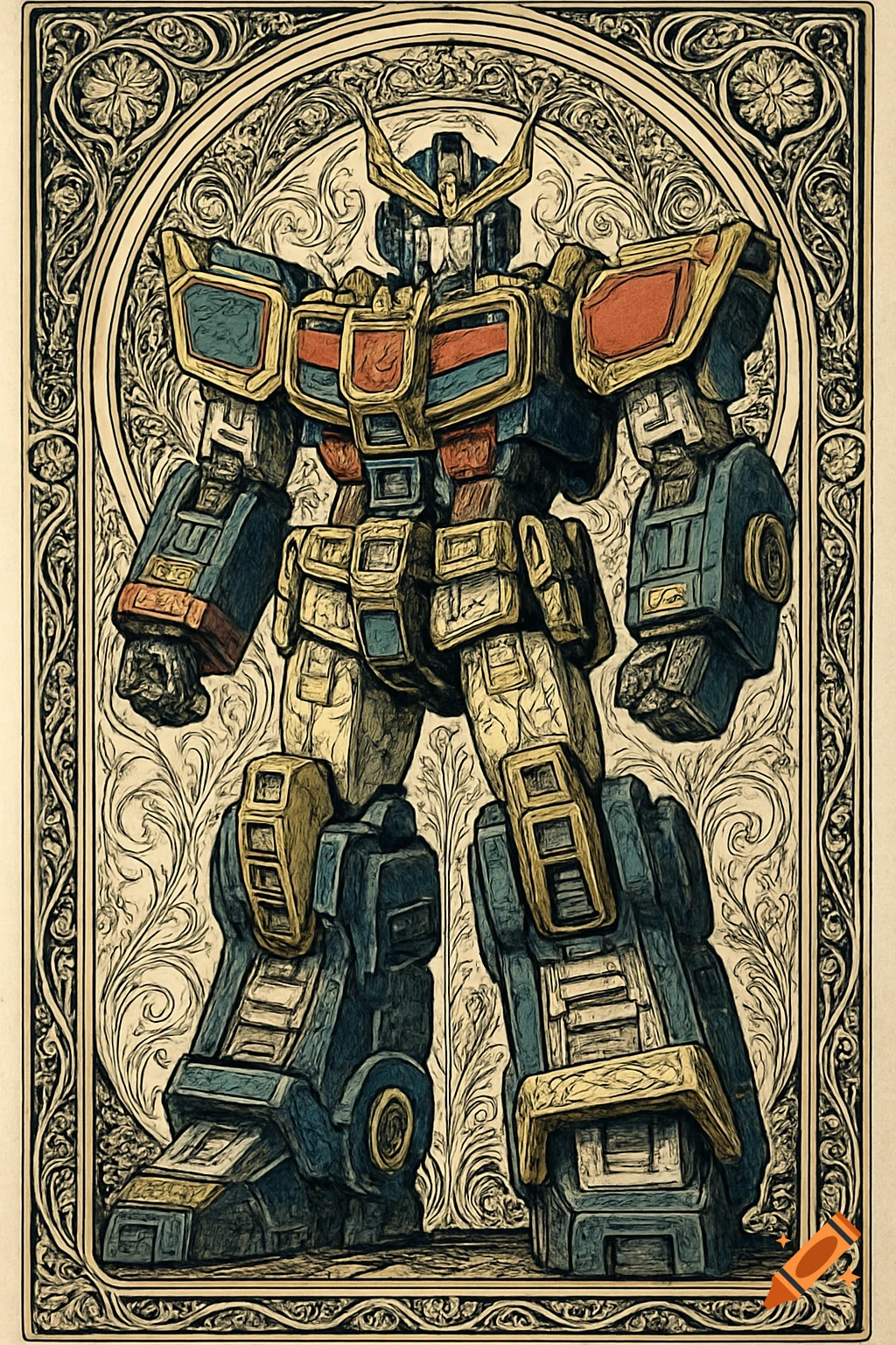 A robot in an intricate Art Nouveau style against a decorative background.