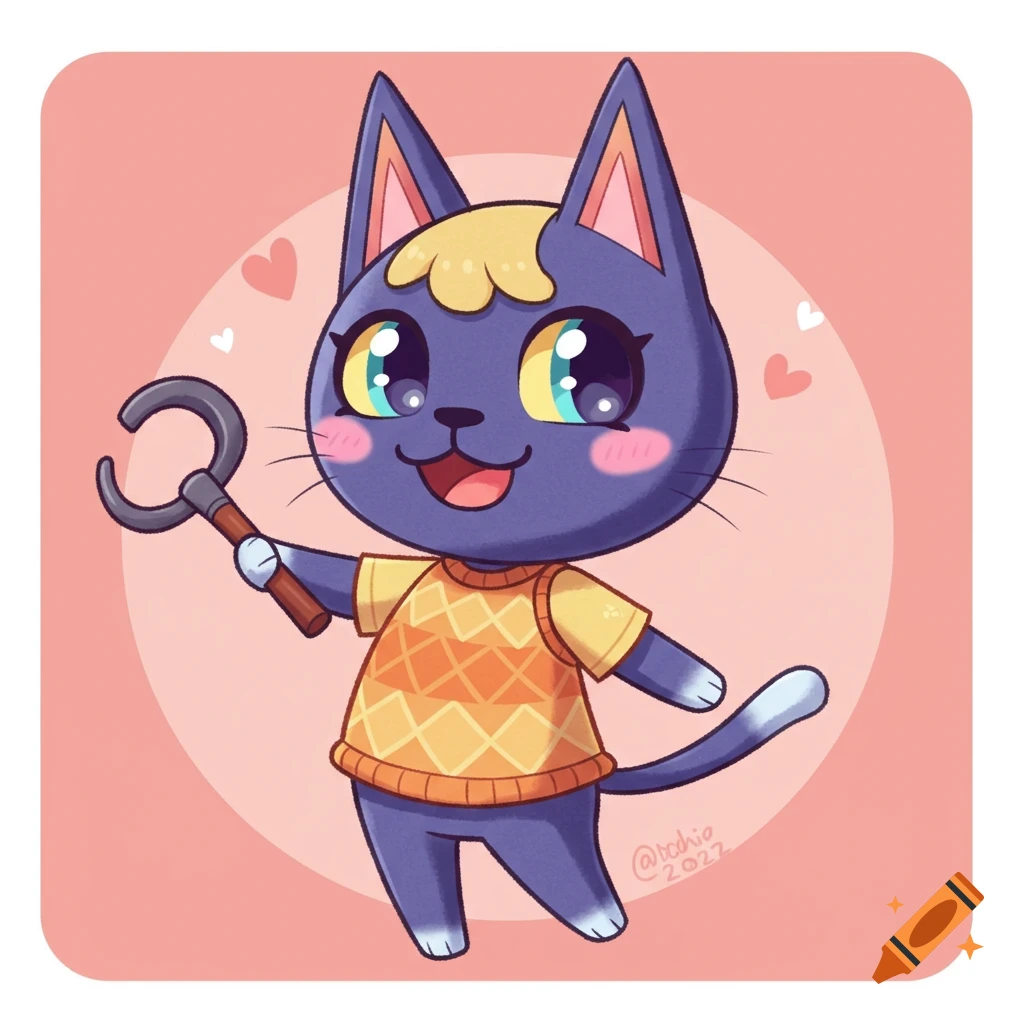 Cartoon cat from Animal Crossing holding a tool