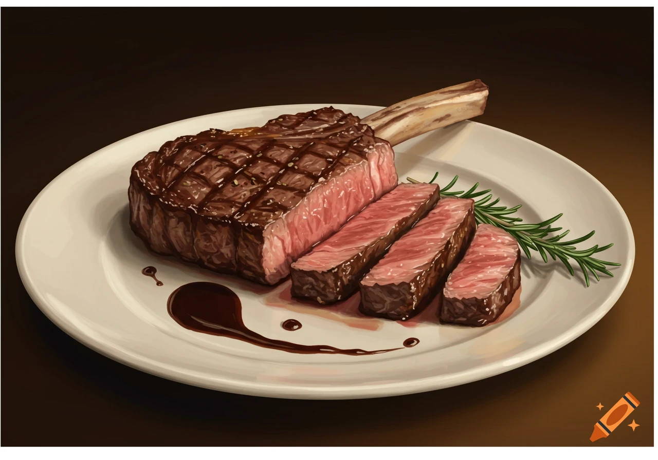 Plated sliced bone-in steak with sauce and rosemary in a painterly style.