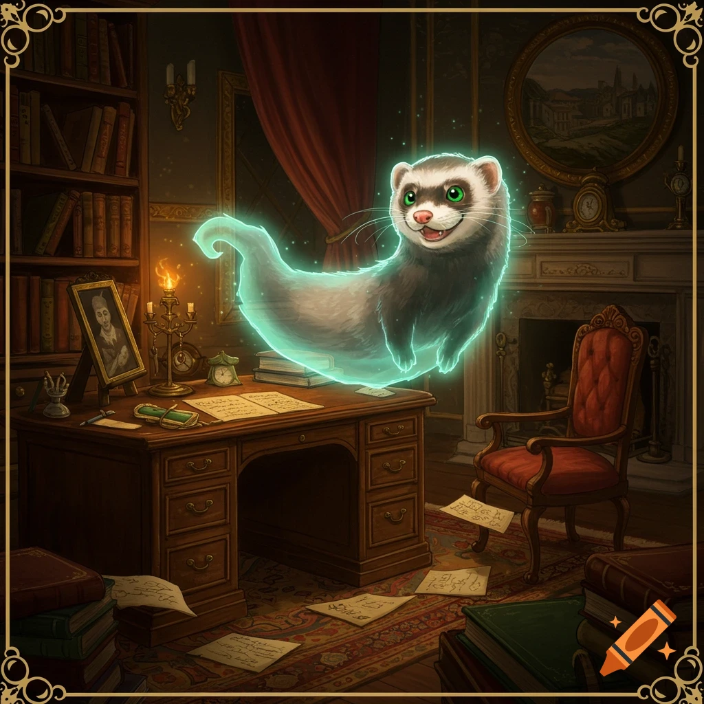 A ghostly ferret floats above a desk in a dimly lit library.