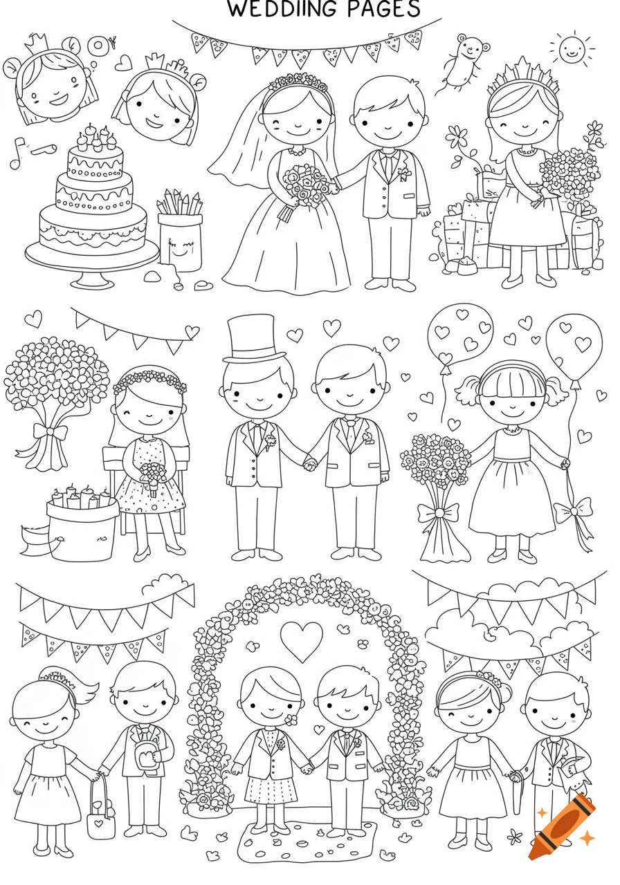 Cute line illustrations for a wedding coloring page featuring couples, guests, cake, and decorations
