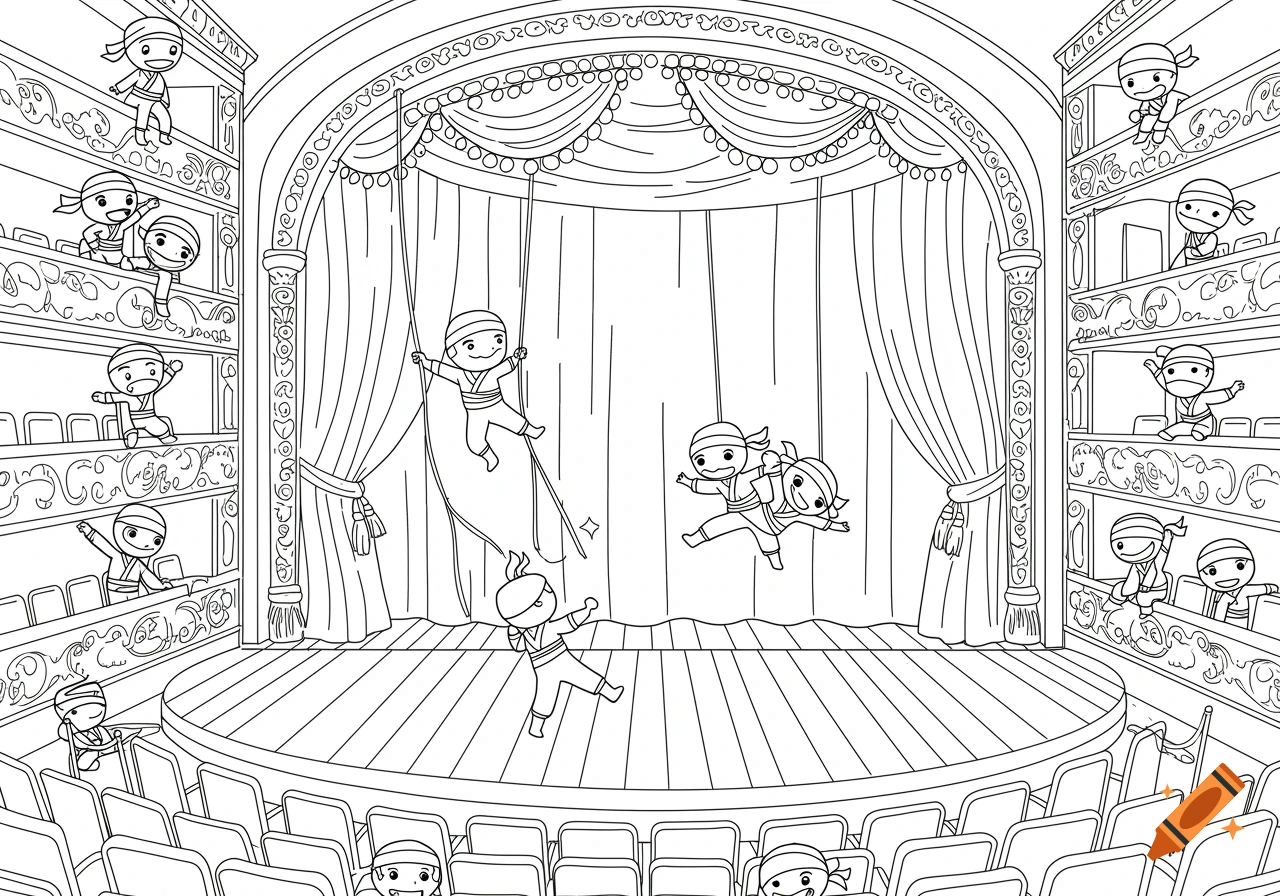 Black and white line drawing of cartoon ninjas on stage and in the audience of a theatre, in a coloring book style.
