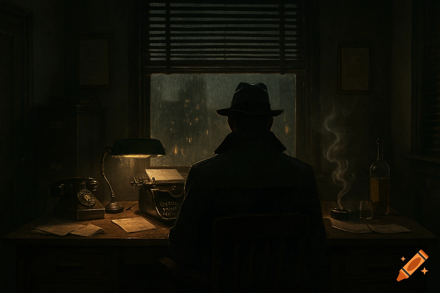 Silhouetted detective sits at a desk in a dim office, looking out a rain-covered window at night. Noir style.
