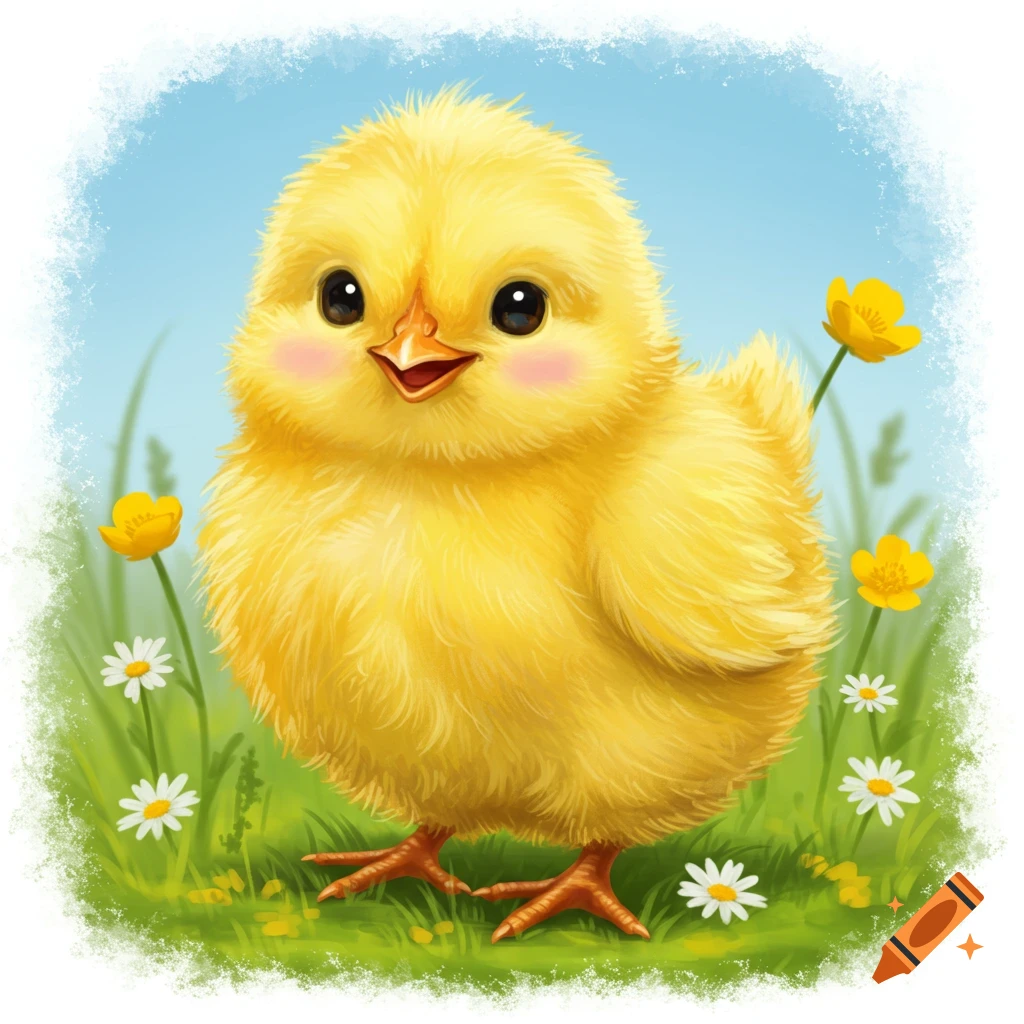 A cute illustrated baby chicken stands in a grassy field with daisies and buttercups.