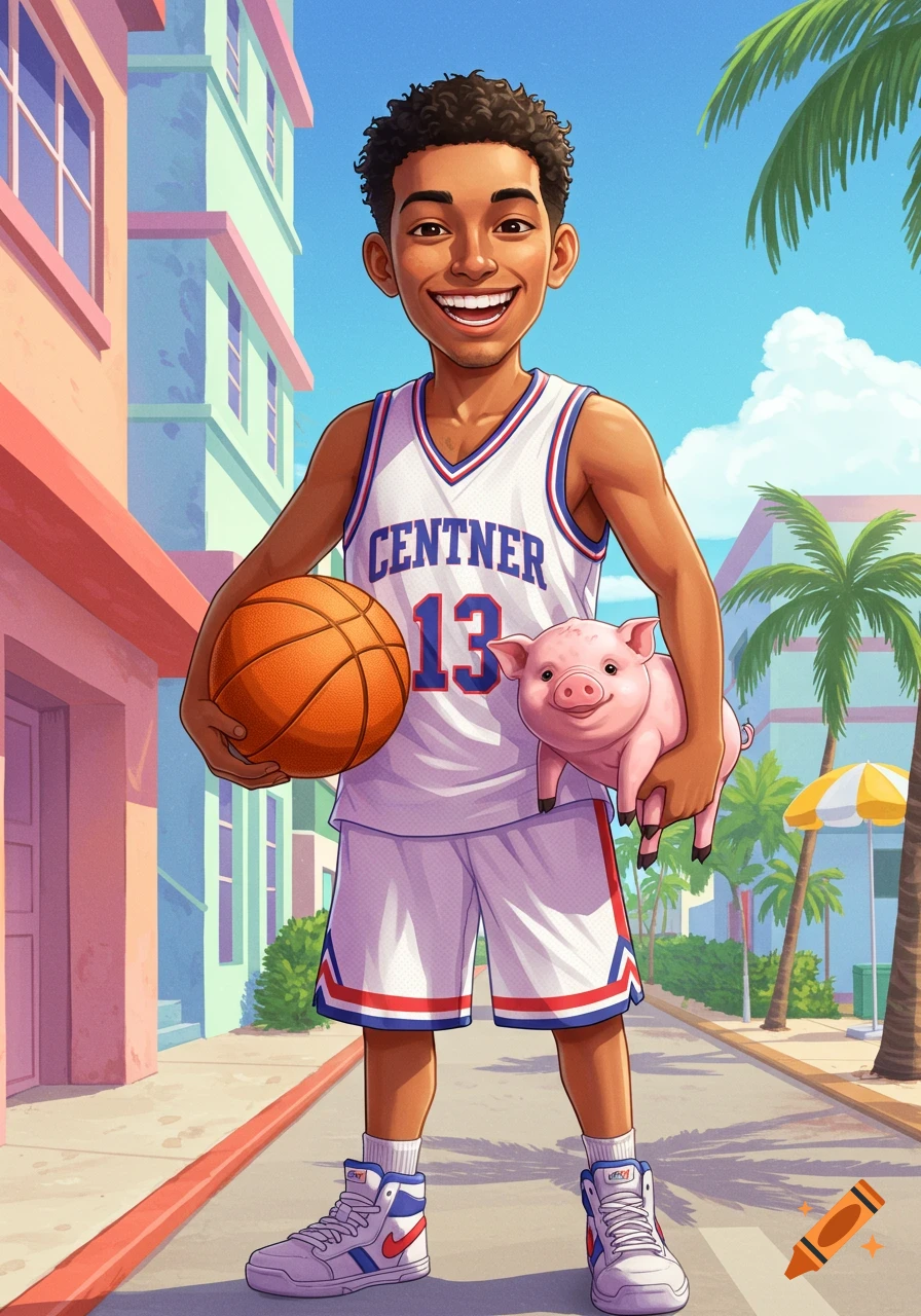 Cartoon illustration of a young man holding a basketball and a pig in a Miami street scene.
