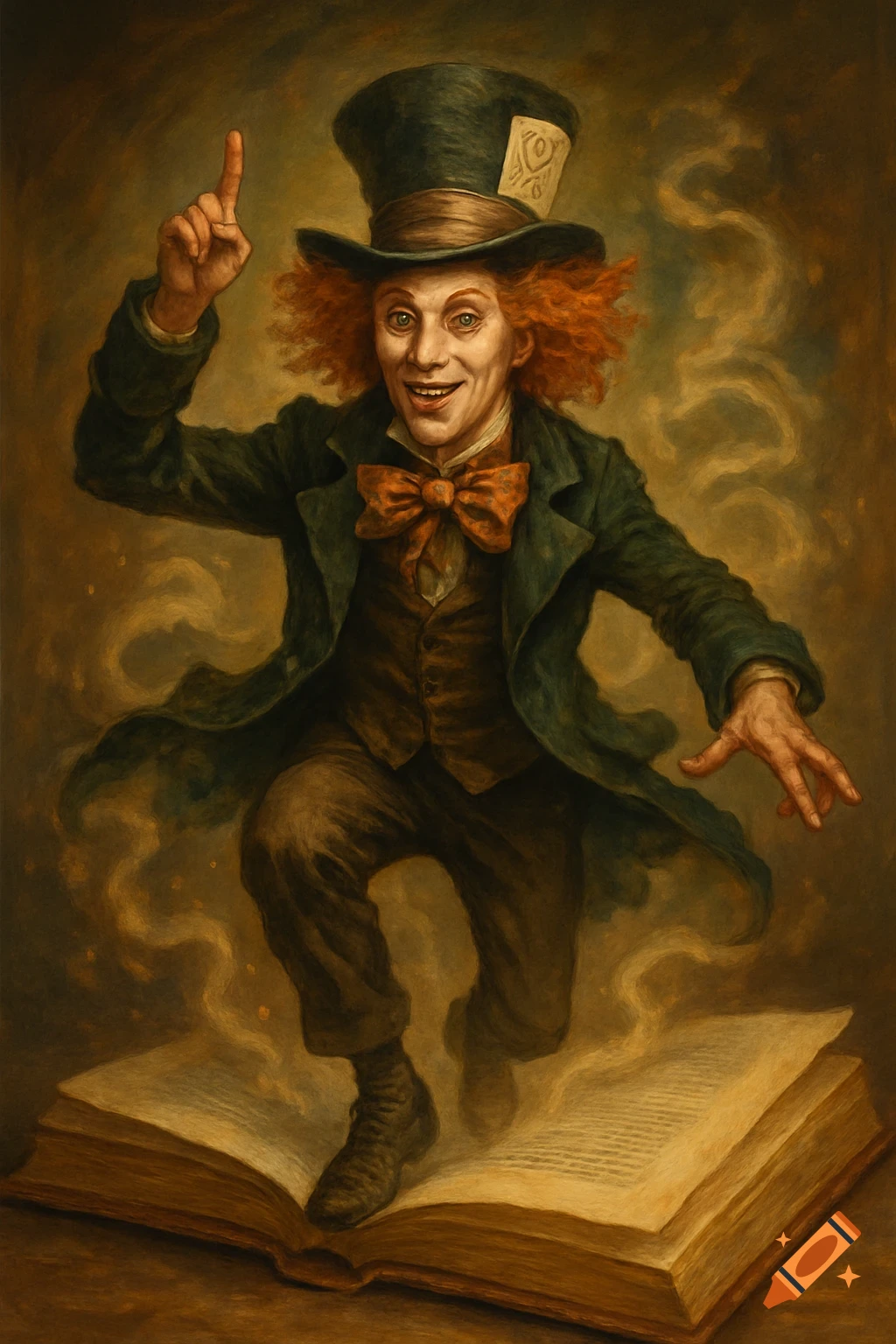 Painting of the Mad Hatter jumping from an open book
