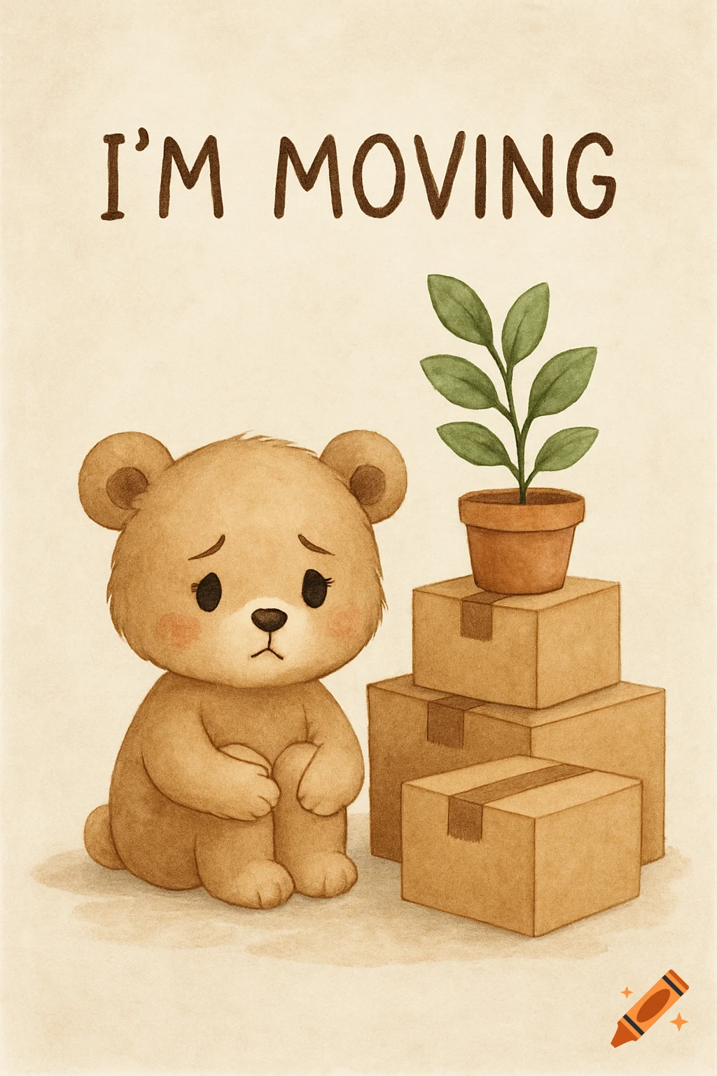 Watercolor illustration of a sad cartoon bear sitting by moving boxes with a plant and the text 'I'M MOVING'.
