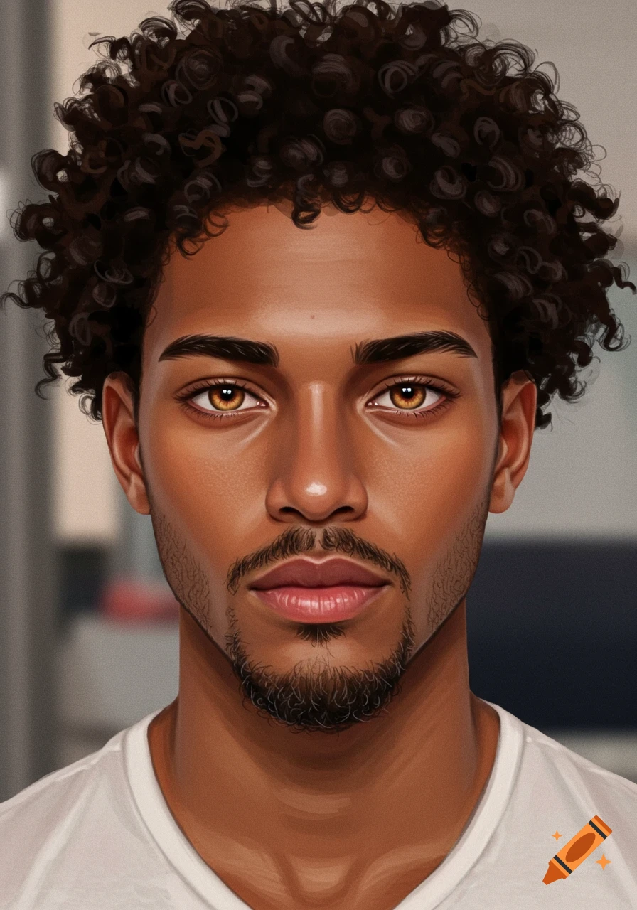 Digital art portrait of a man with curly dark hair, amber eyes ...