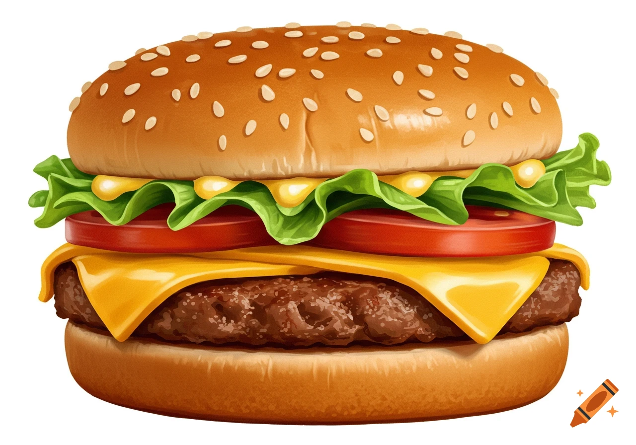 Illustration of a cheeseburger with sesame bun, lettuce, tomato, cheese, and patty.