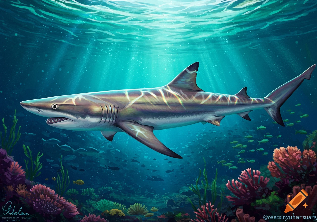 Illustration of a shark swimming over a coral reef with light rays filtering down.