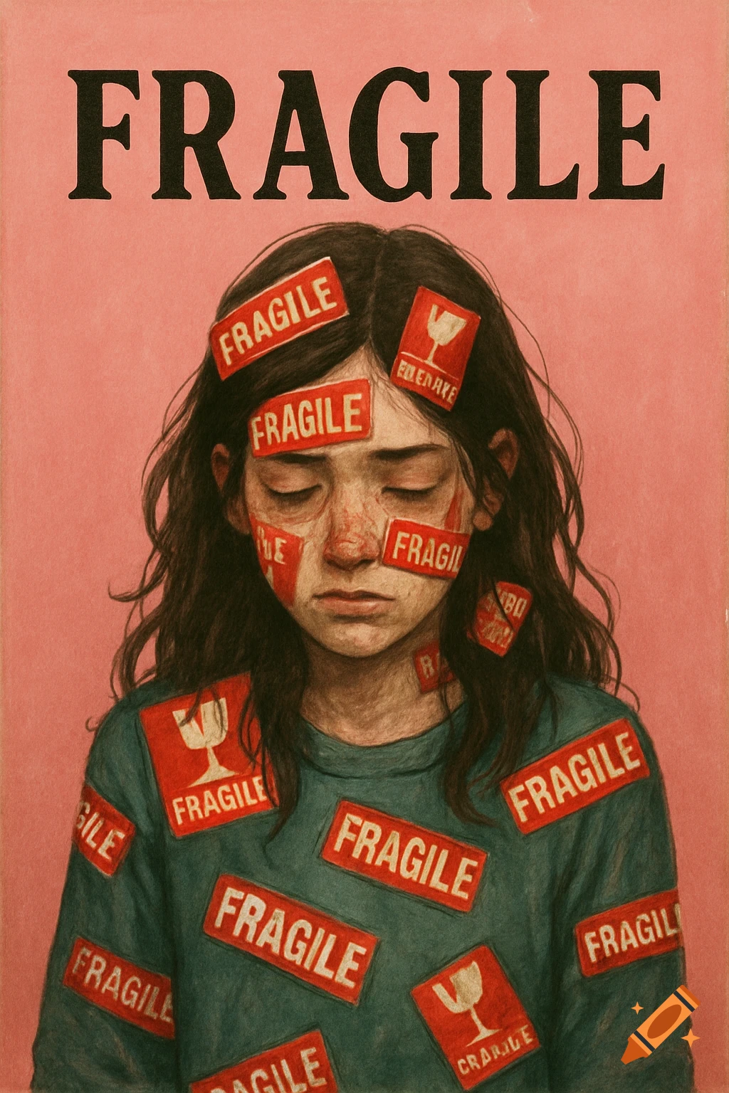 Illustrative portrait of a sad girl covered in 'fragile' stickers, with 'FRAGILE' text above.