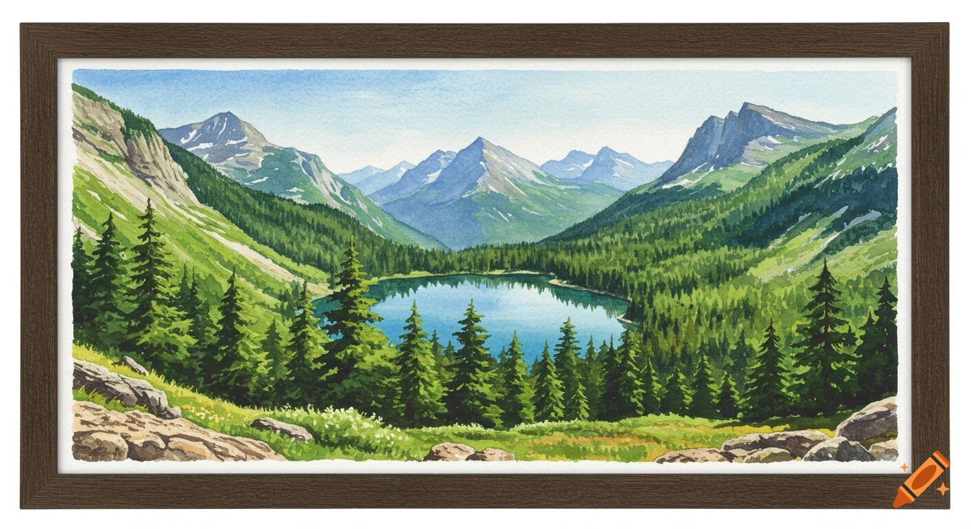 Watercolor painting of a mountain landscape with a clear lake surrounded by trees and rocky hills.