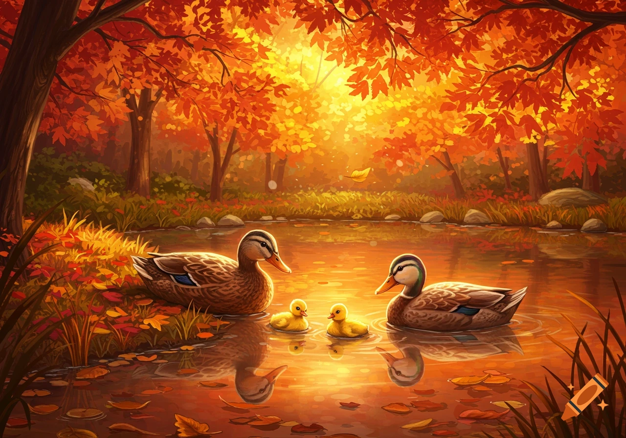 Two adult ducks and two ducklings swim in a pond surrounded by vibrant orange and yellow autumn trees, digital painting.