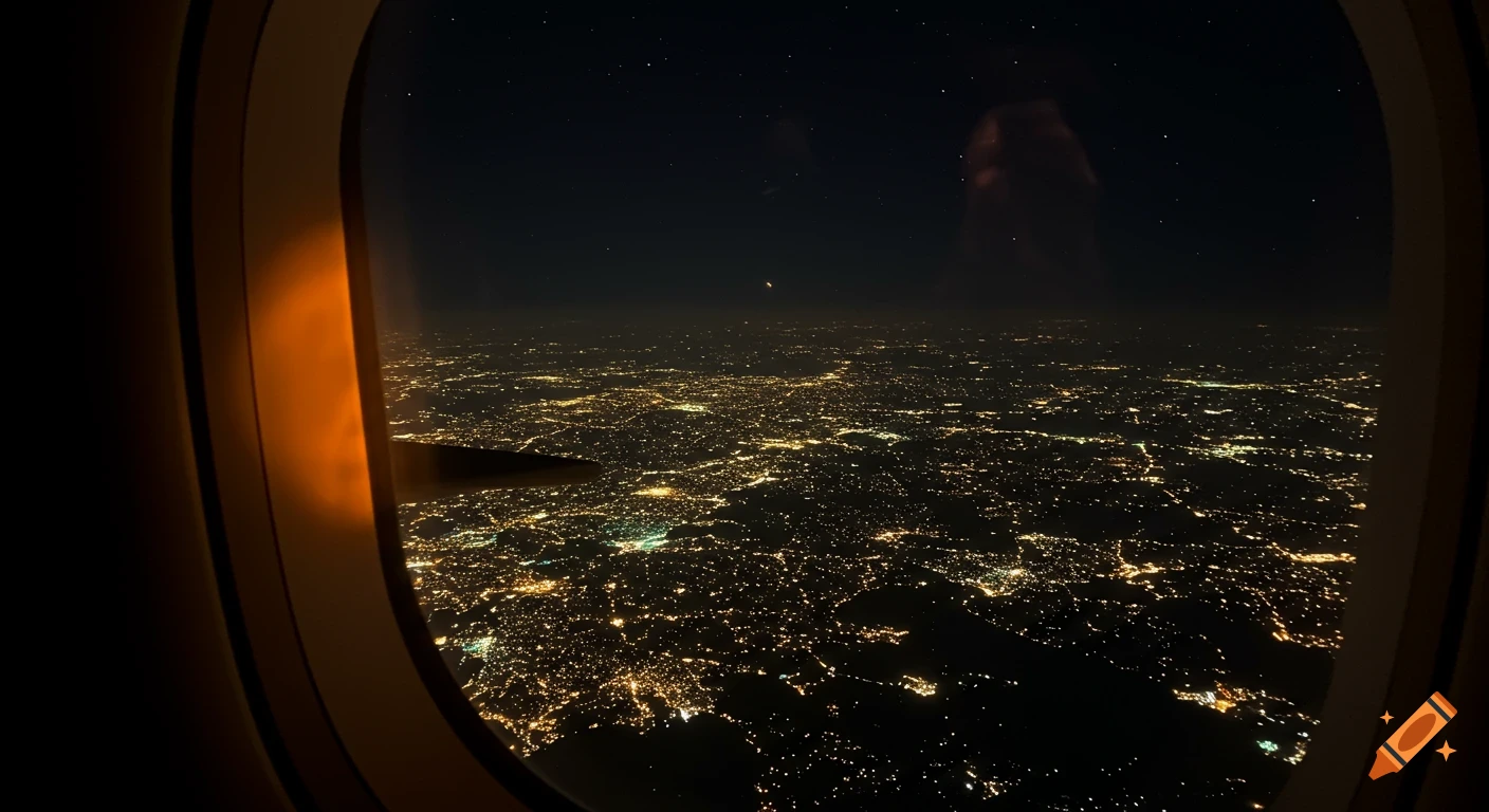 Aerial view of city lights at night from an airplane window with stars in the sky.