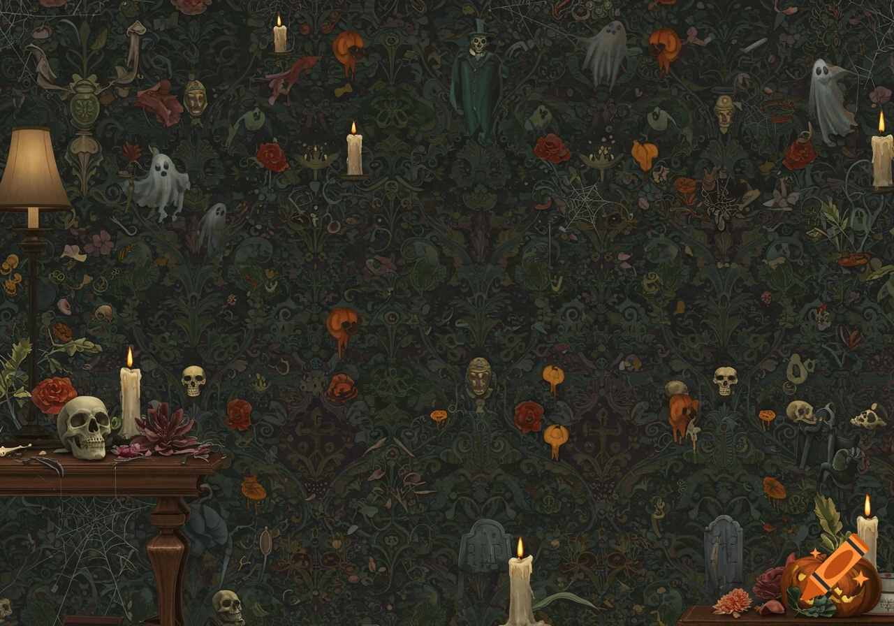 Dark spooky wallpaper pattern with ghosts, skulls, pumpkins, and candles, similar to a haunted mansion.