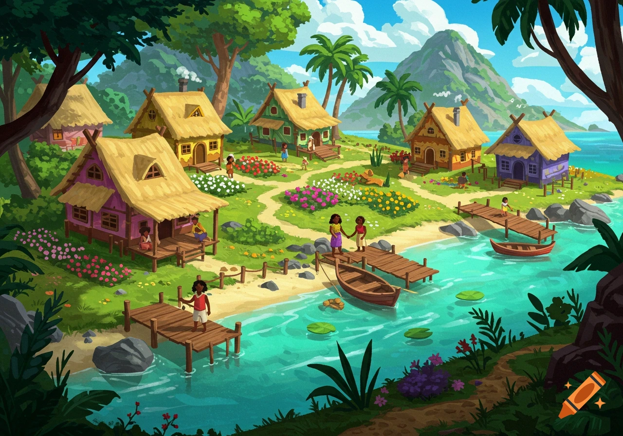 A stylized illustration of a tropical island village with colorful houses, gardens, docks, and people by the water.