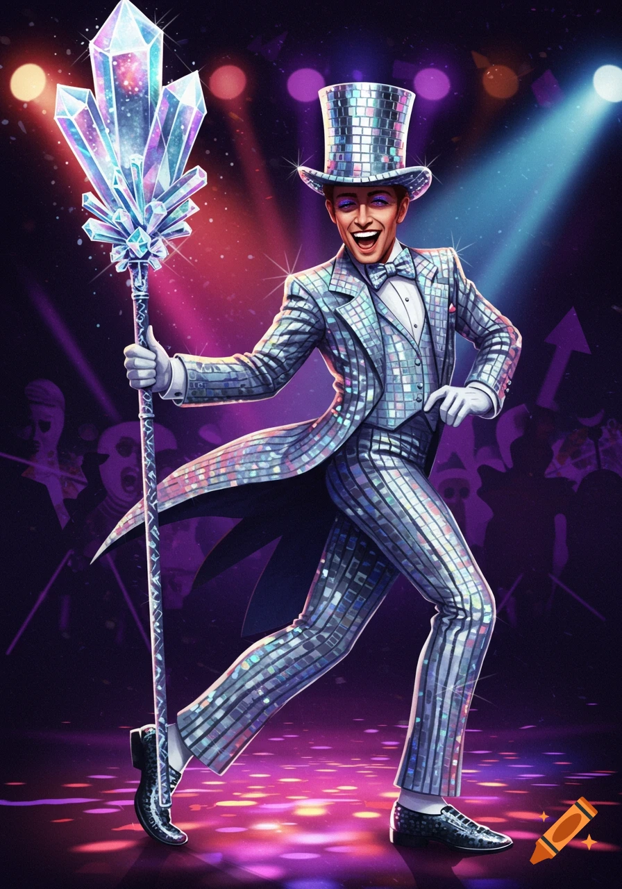 Man in a shiny disco suit and top hat holding a giant crystal staff on a stage.