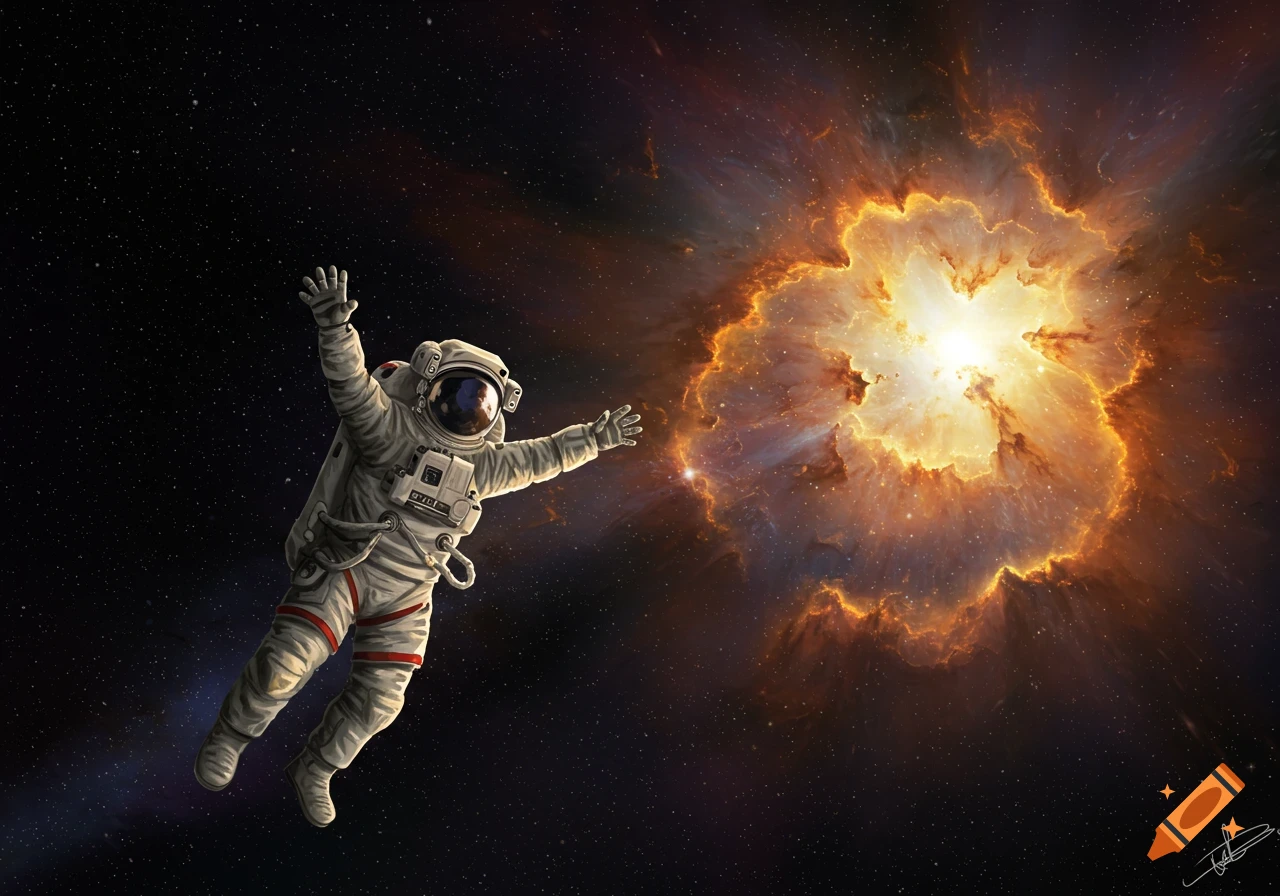 Astronaut floats near a glowing orange and yellow nebula in space