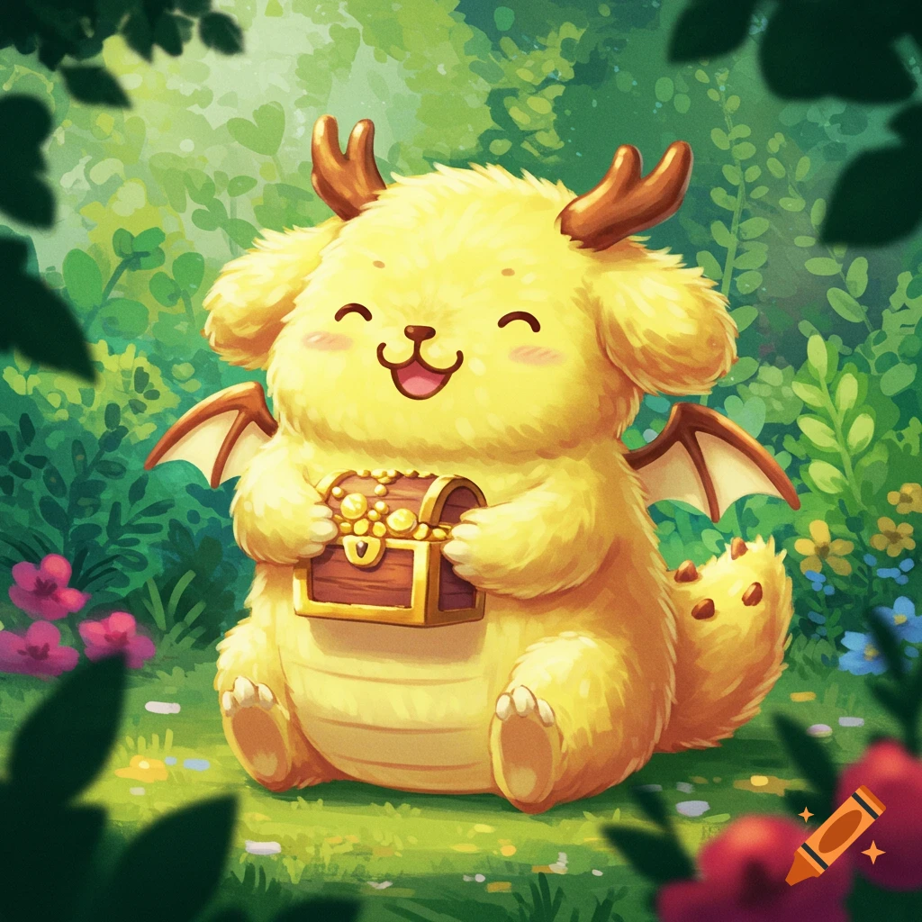A cute yellow fluffy dragon-like creature sits in a forest clearing, hugging a treasure chest full of gold coins.