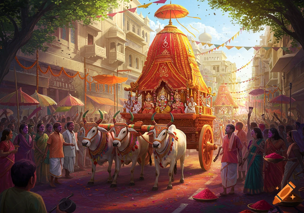 Detailed illustration of a grand chariot parade on a festive city street in India