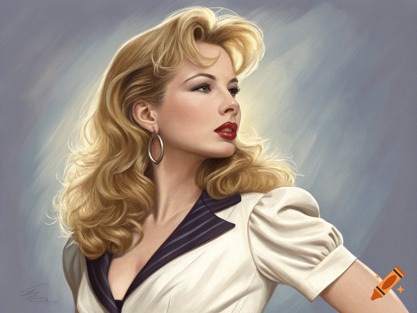 Illustrative portrait of a woman with blonde hair looking left, wearing a white top.