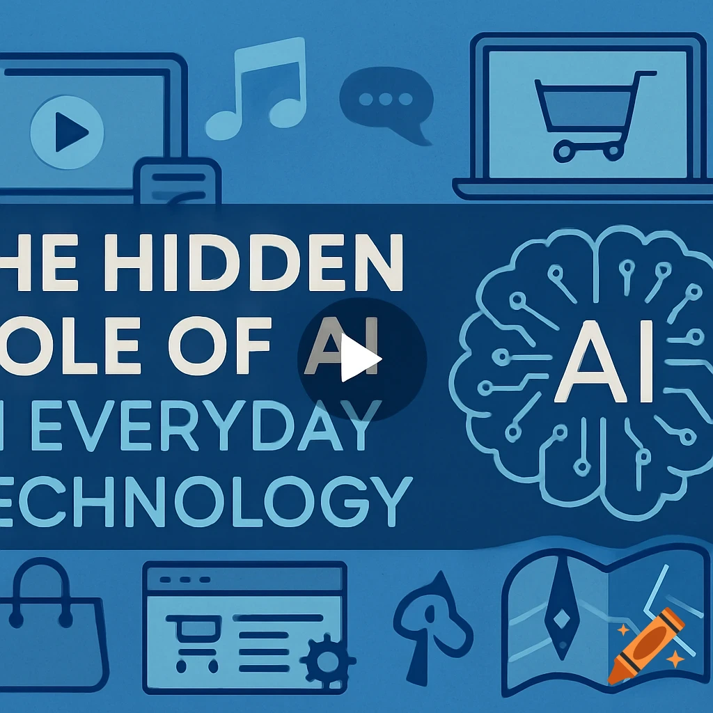 An illustration shows AI's role in everyday technology, with icons for streaming, shopping, navigation, and an AI brain, against a blue background.