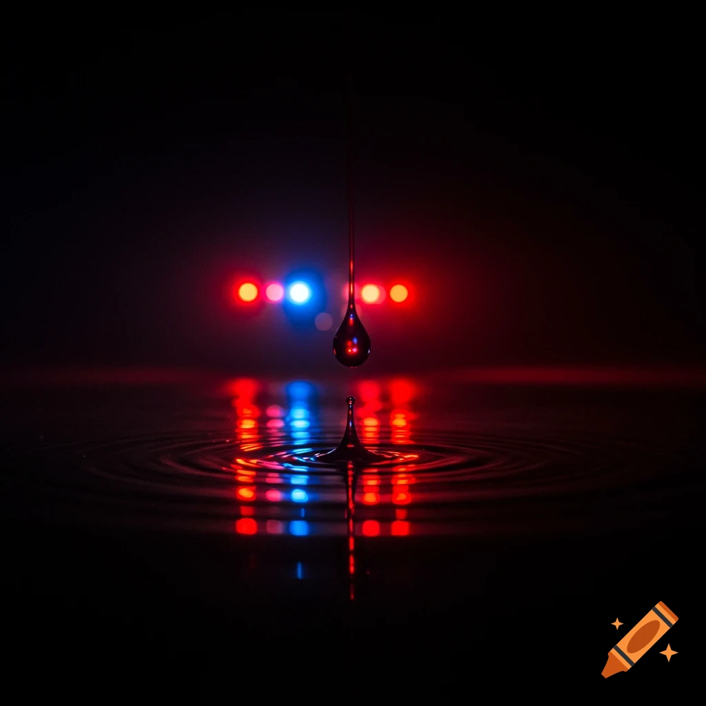 A single drop of liquid hangs above water with red and blue police lights reflecting below.
