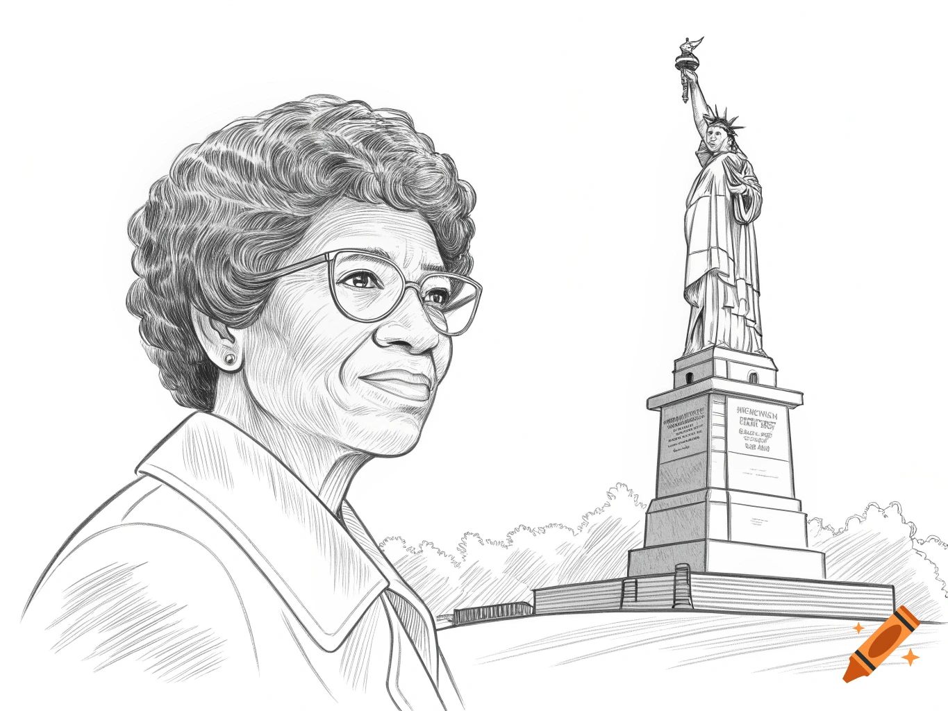 Pencil sketch drawing of a woman with glasses alongside the Statue of Liberty.