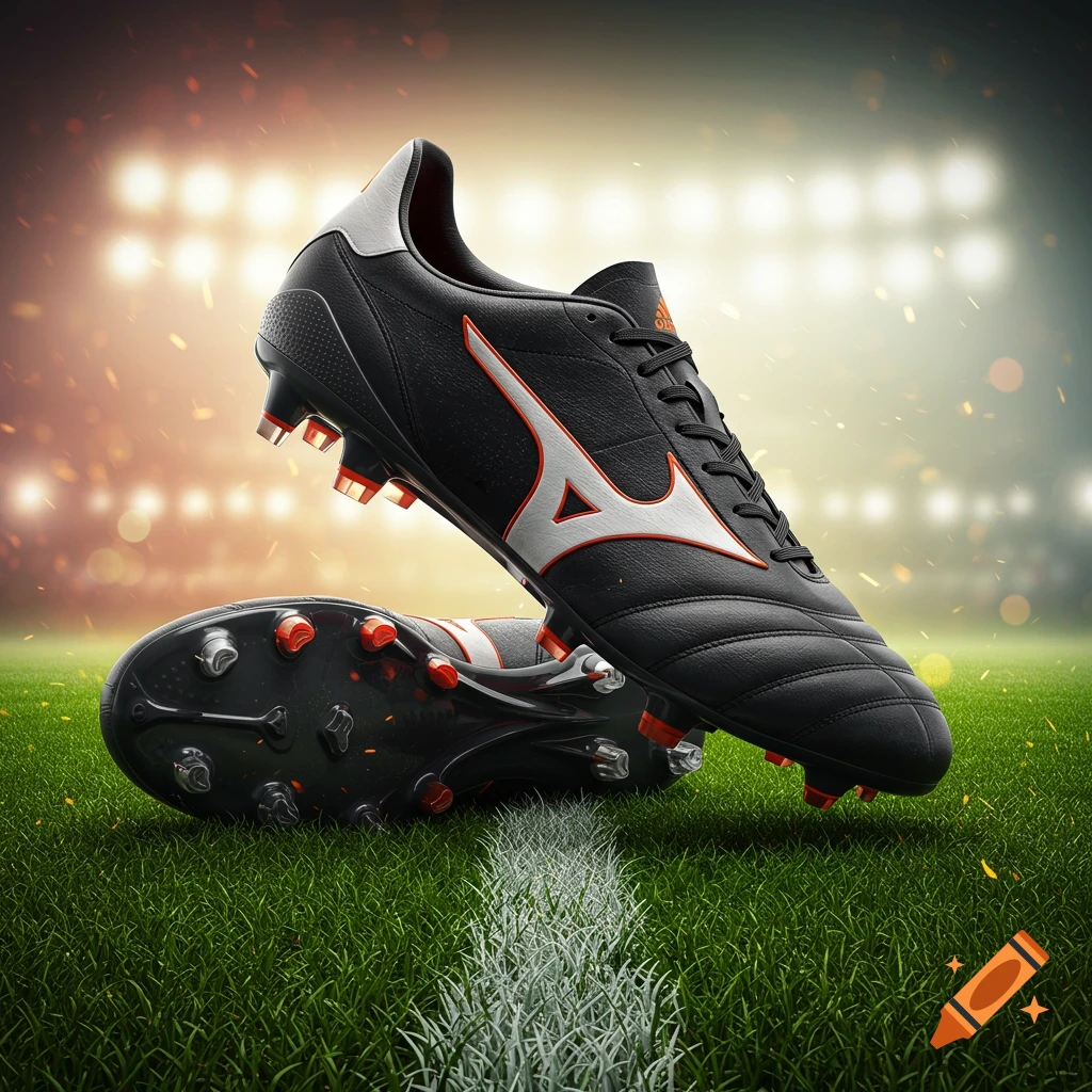 Black football boots on a grass field with stadium lights in the background.