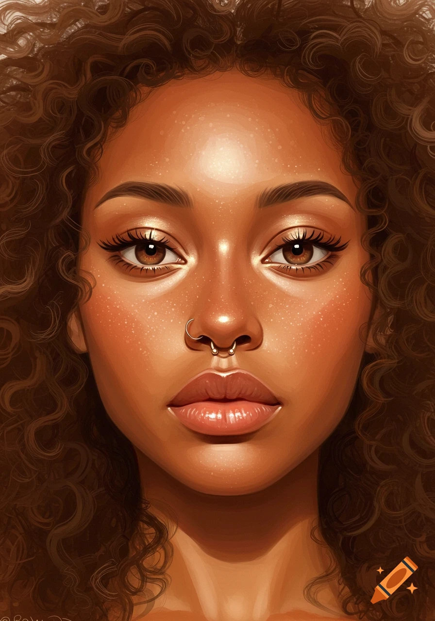 Close-up digital art portrait of a woman with curly hair, hazel eyes ...
