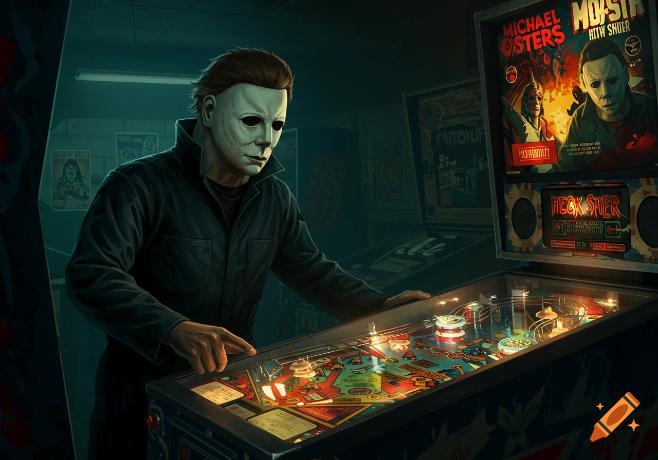 Michael Myers plays a pinball machine in a dimly lit arcade.