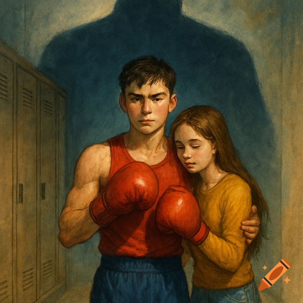 Painting of a young boxer and his girlfriend in a locker room with a large shadow.