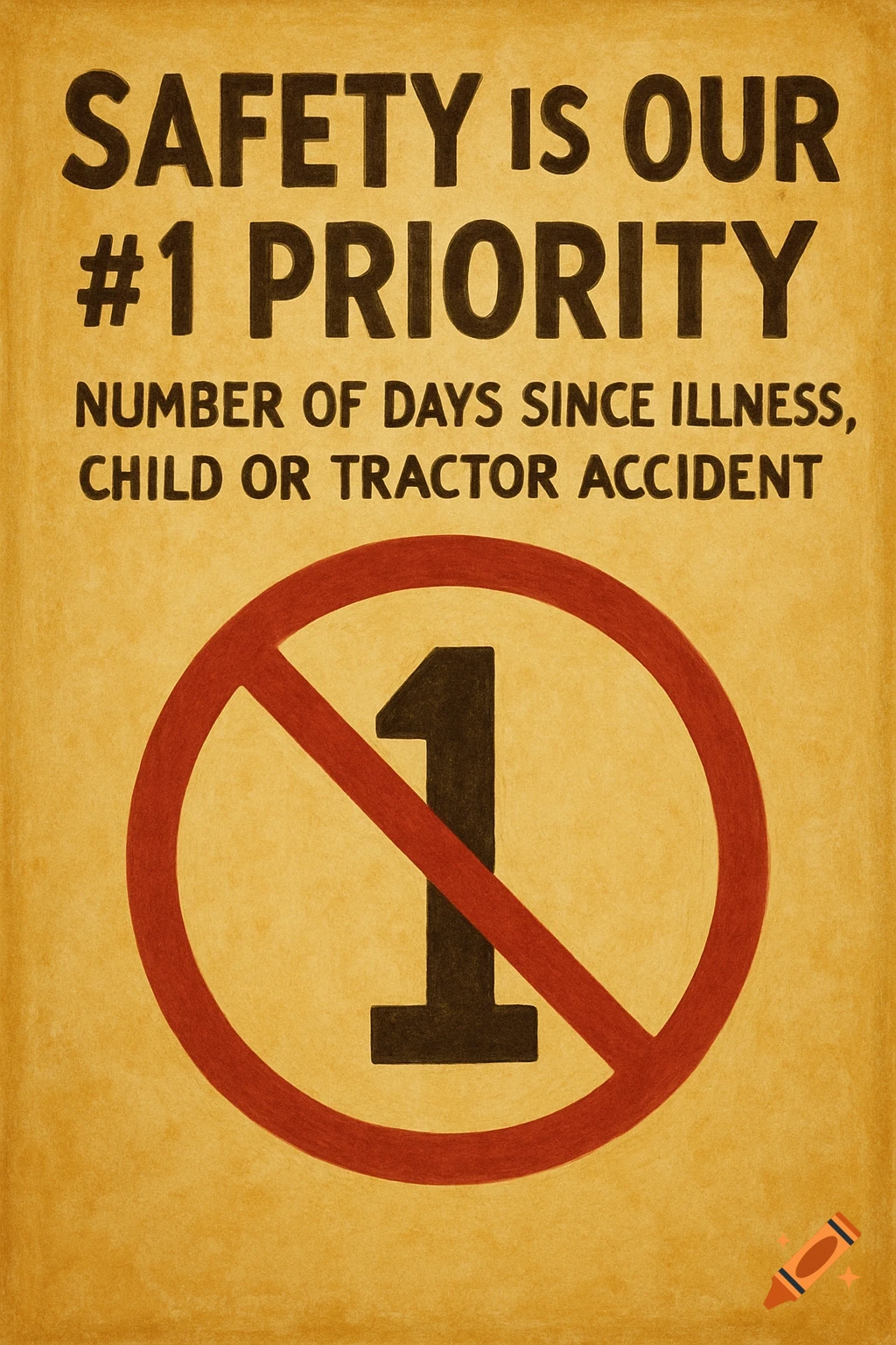 A vintage-style safety poster reading 'Safety is our #1 priority' and 'Number of days since illness, child or tractor accident', with a large '1' inside a red circle and slash.