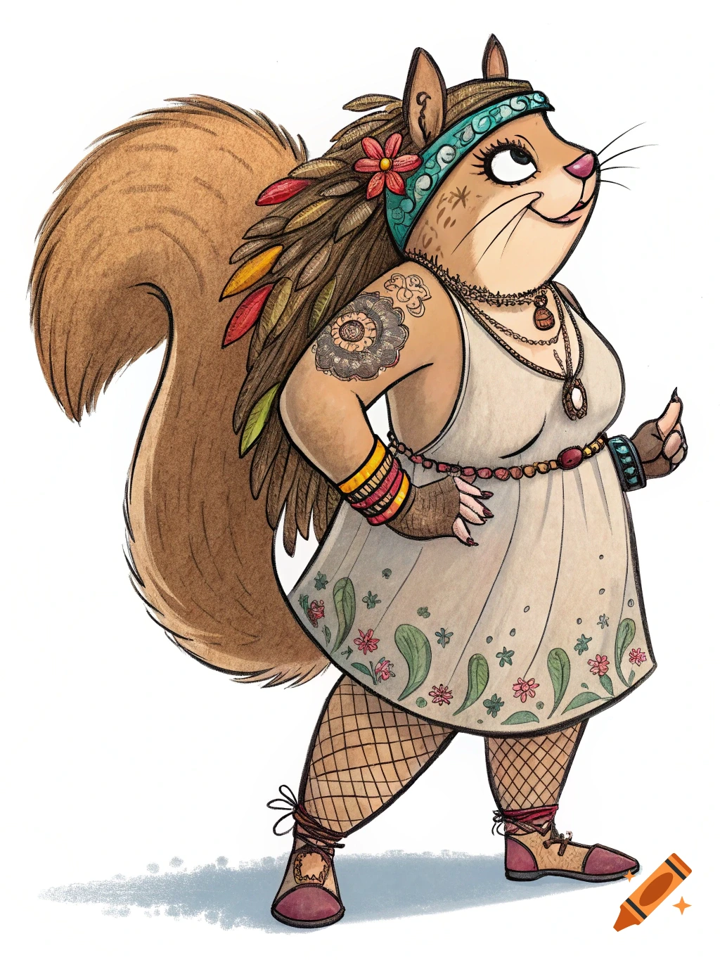 Cartoon illustration of a chubby squirrel in a hippie dress, dreadlocks, and tattoos.