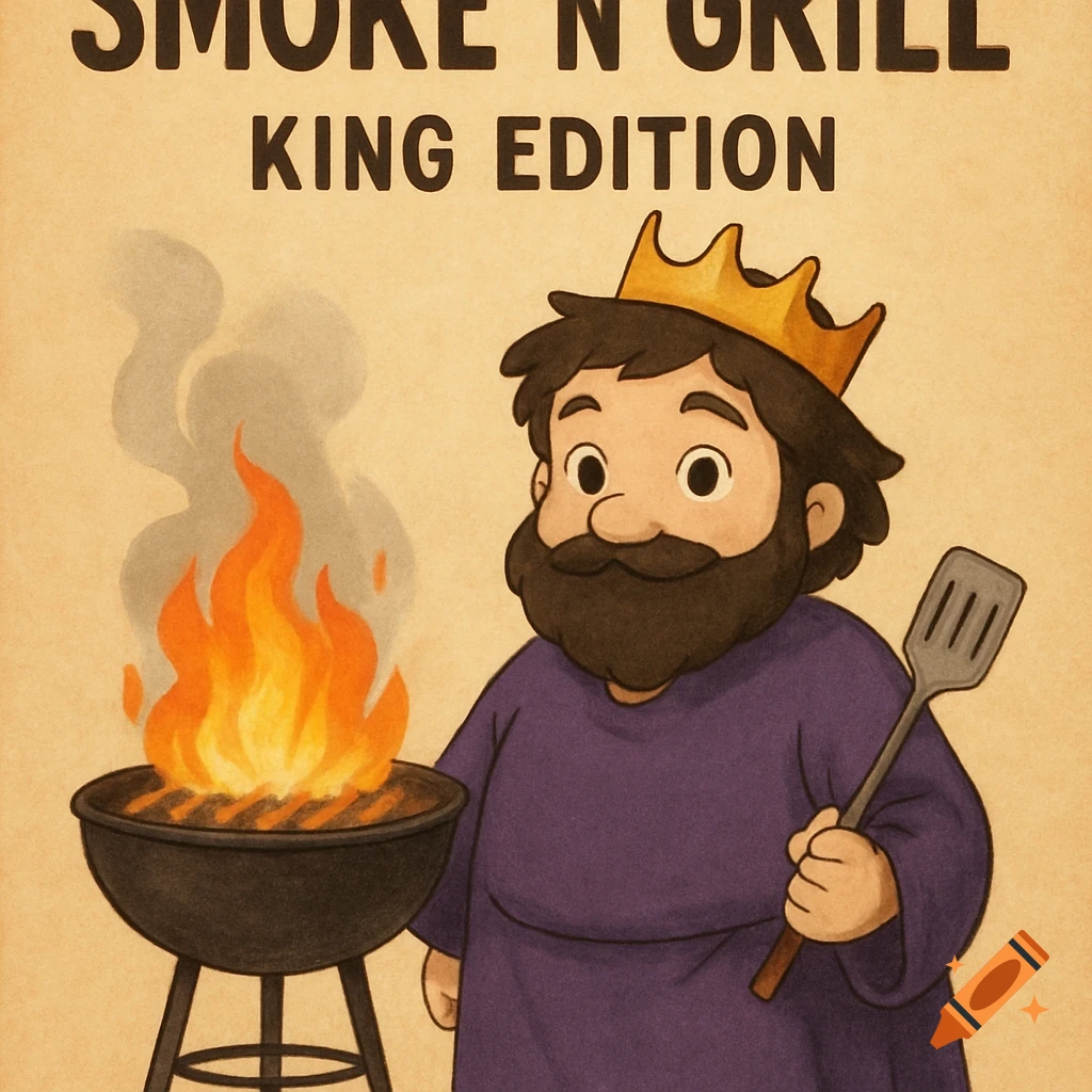 Cartoon king grilling, holding a spatula, with text "SMOKE N GRILL KING EDITION"