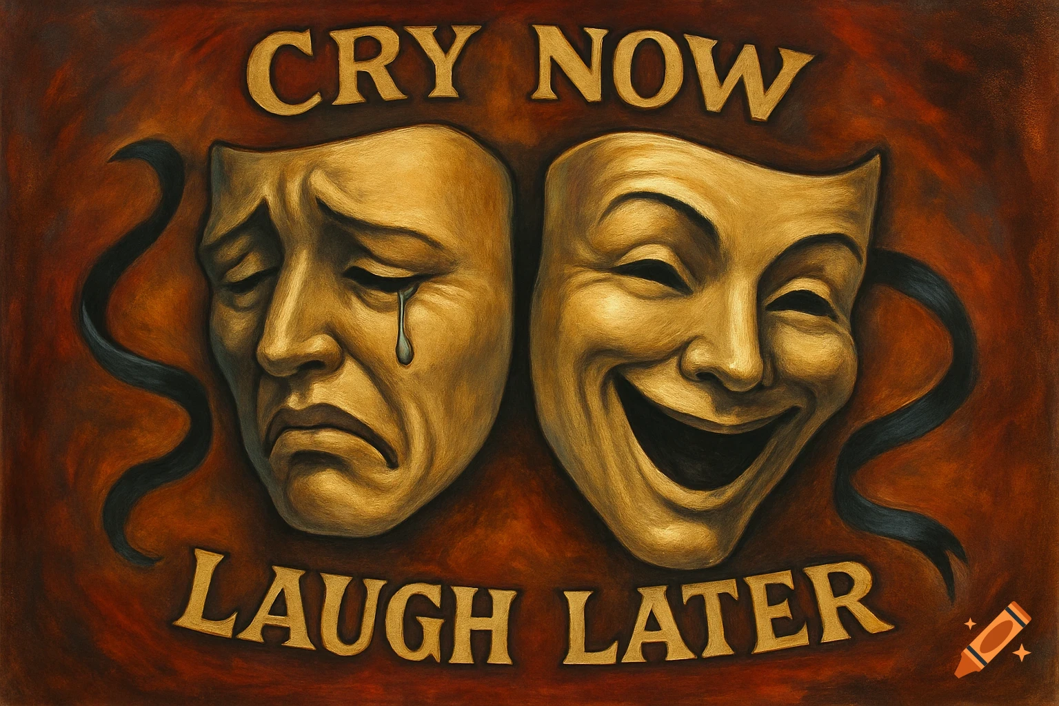 Painting of tragedy and comedy theater masks with text "Cry now laugh later".