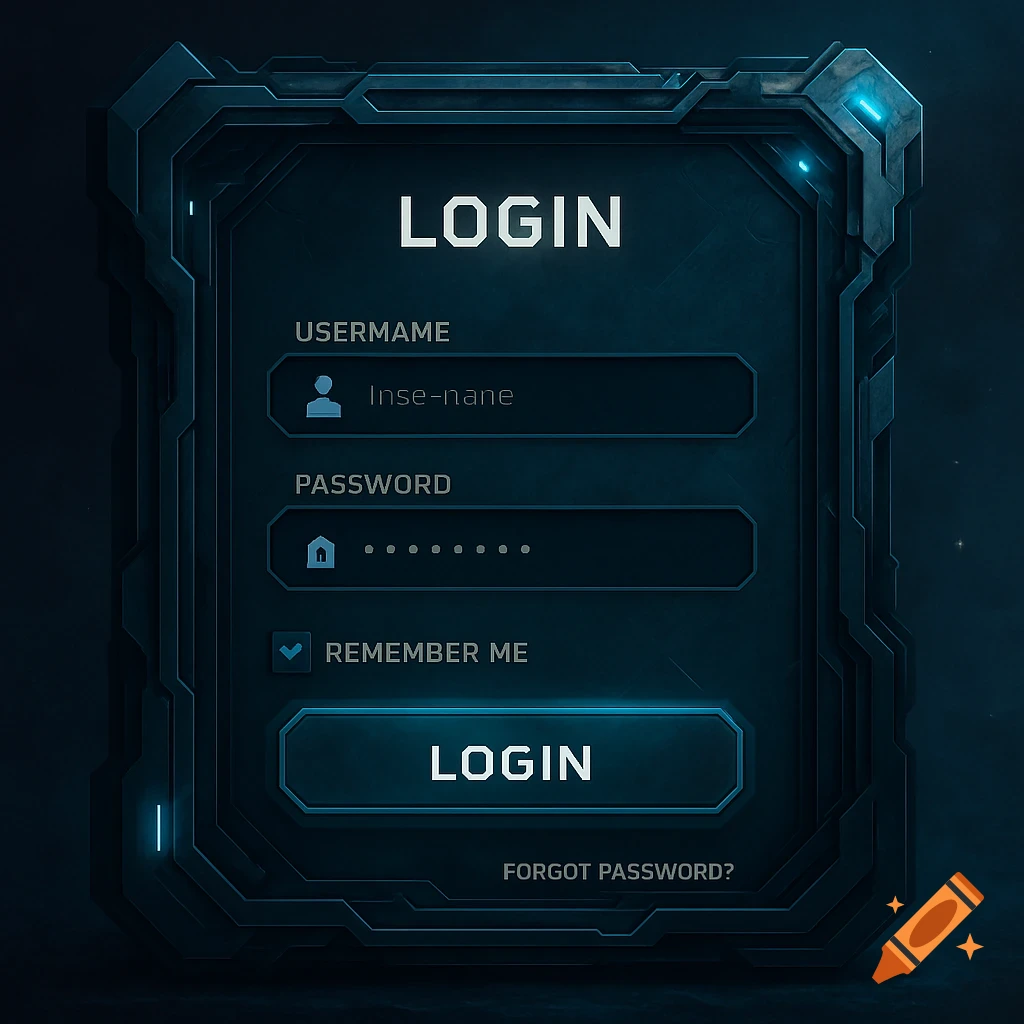 Futuristic sci-fi login screen interface with username, password fields, remember me checkbox, and login button.